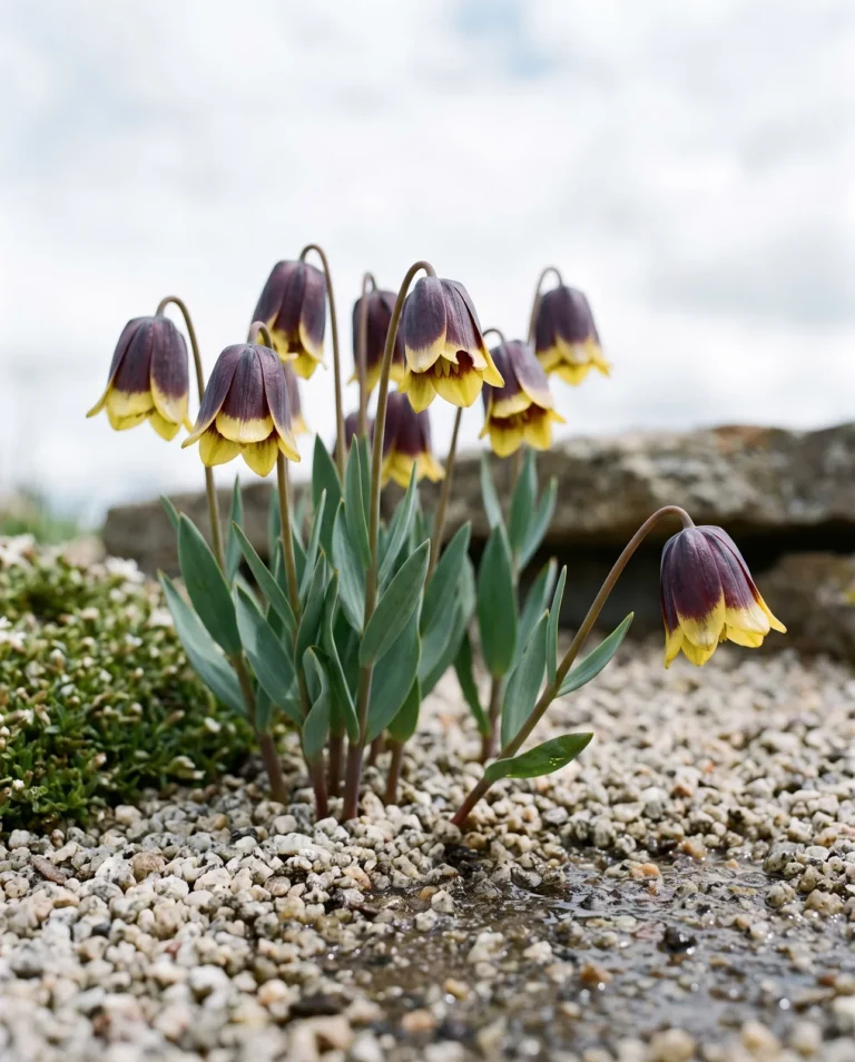 A colony of Michailovsky's fritillary in an alpine grit bed, dwarf stems with mahogany bells edged in a broad butter-yellow band