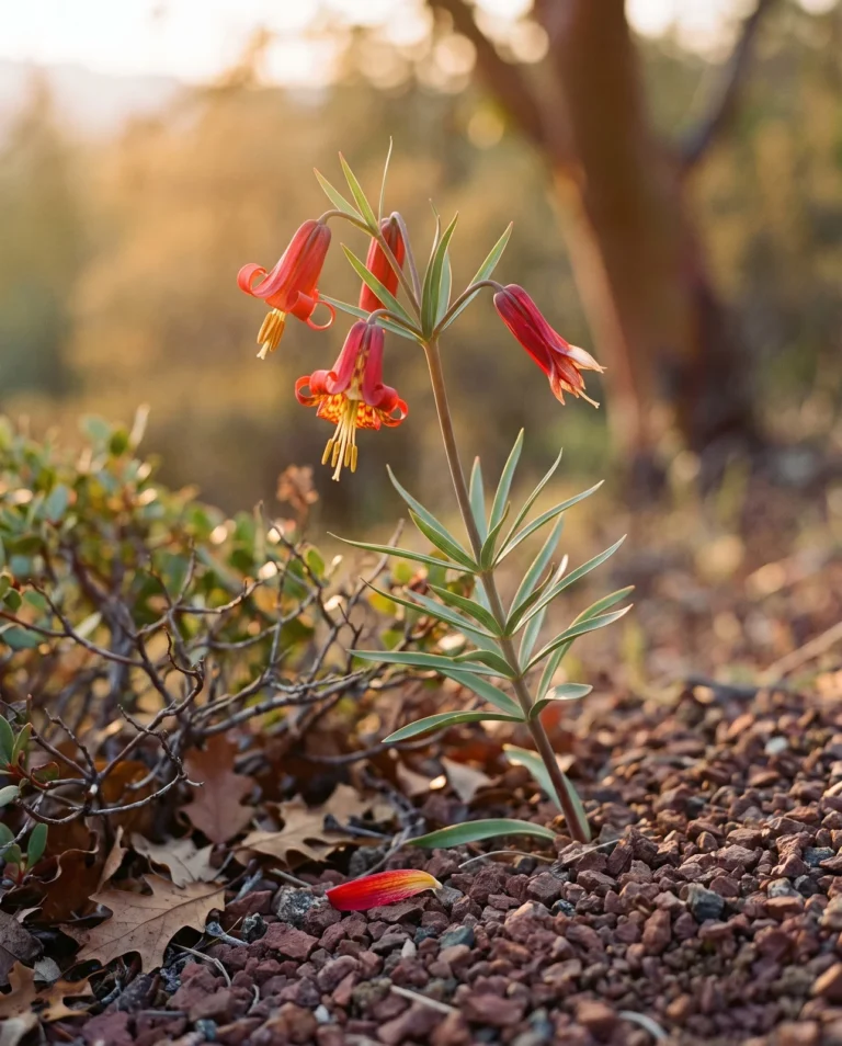 Scarlet fritillary on a dry southern Oregon slope, tepals curled sharply back off narrow scarlet bells with yellow chequering inside