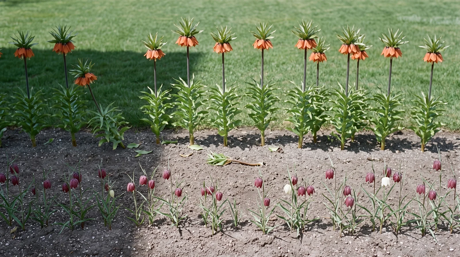 A public garden bed with three-foot crown imperials at the back and fifteen-inch snake's heads at the front, showing the scale between them