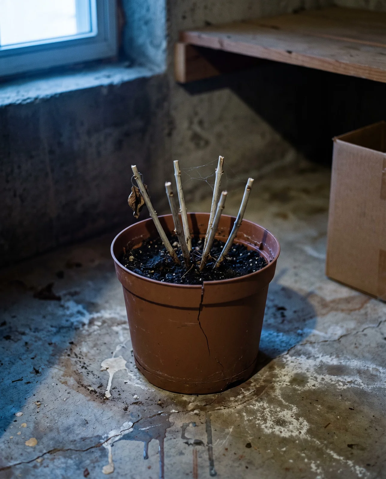 A tender fuchsia cut back to short bare stubs in its pot, standing on a cold concrete basement floor in the dim light of one small window