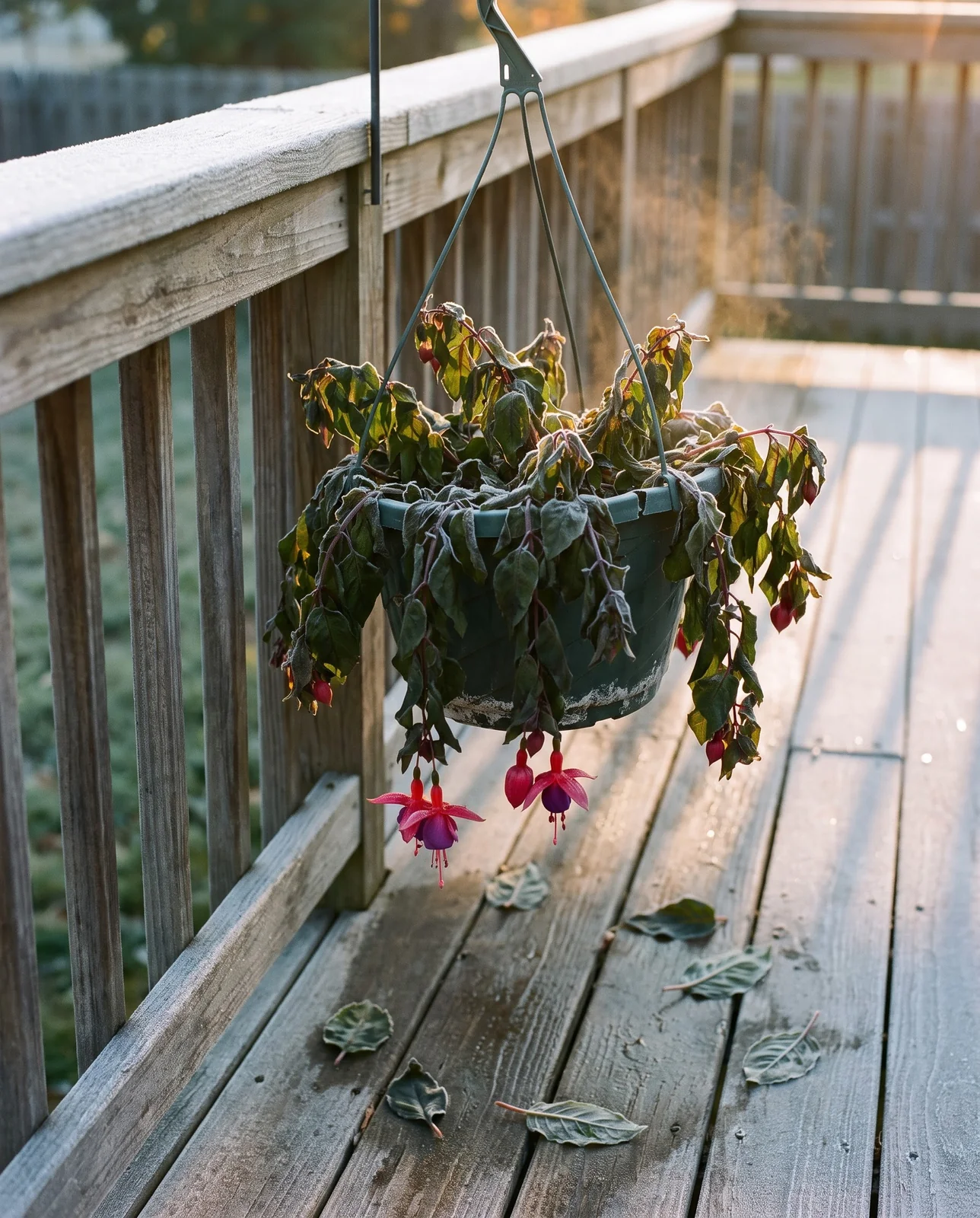 A tender fuchsia basket collapsed the morning after the first hard frost, leaves translucent and blackening, still hanging on its hook above a frosted deck rail