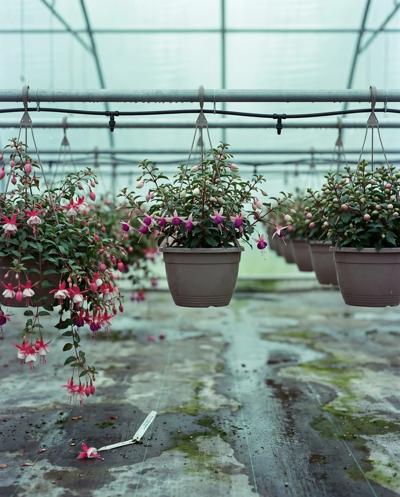 A rail of fuchsia baskets hanging in a poly greenhouse, trailing types spilling low beside stiff upright ones standing tall in their pots