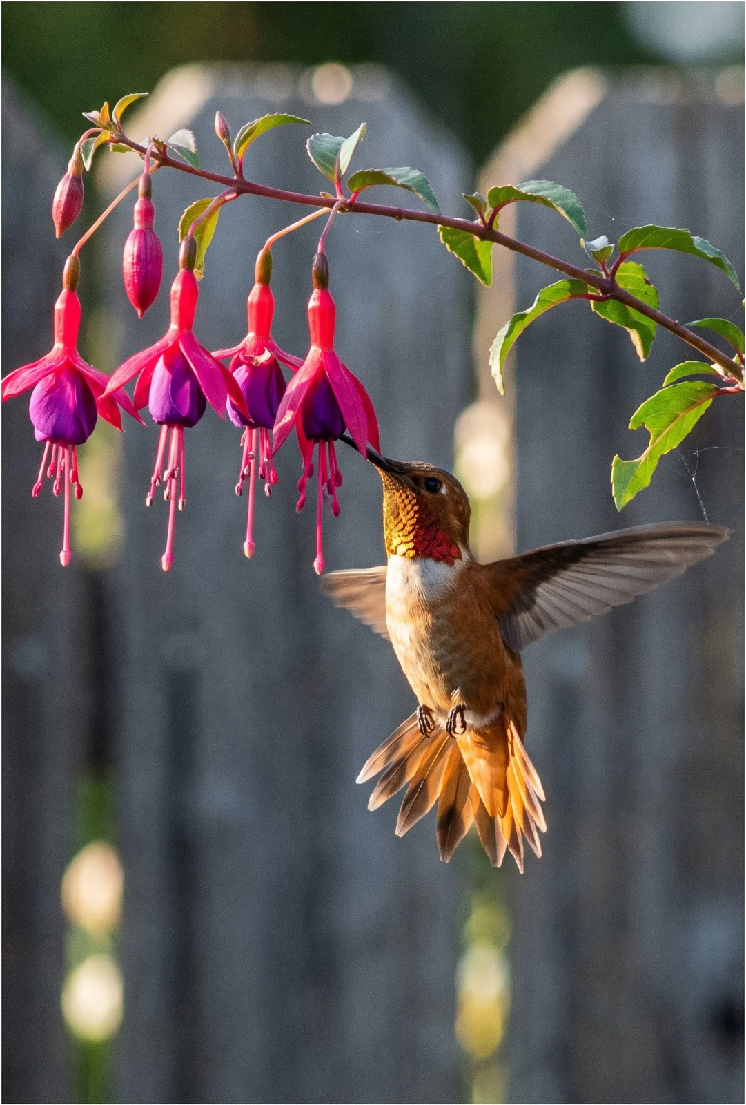 A hummingbird hovering below a hanging fuchsia flower with its bill up inside the tube, wings blurred, against a soft dark garden background