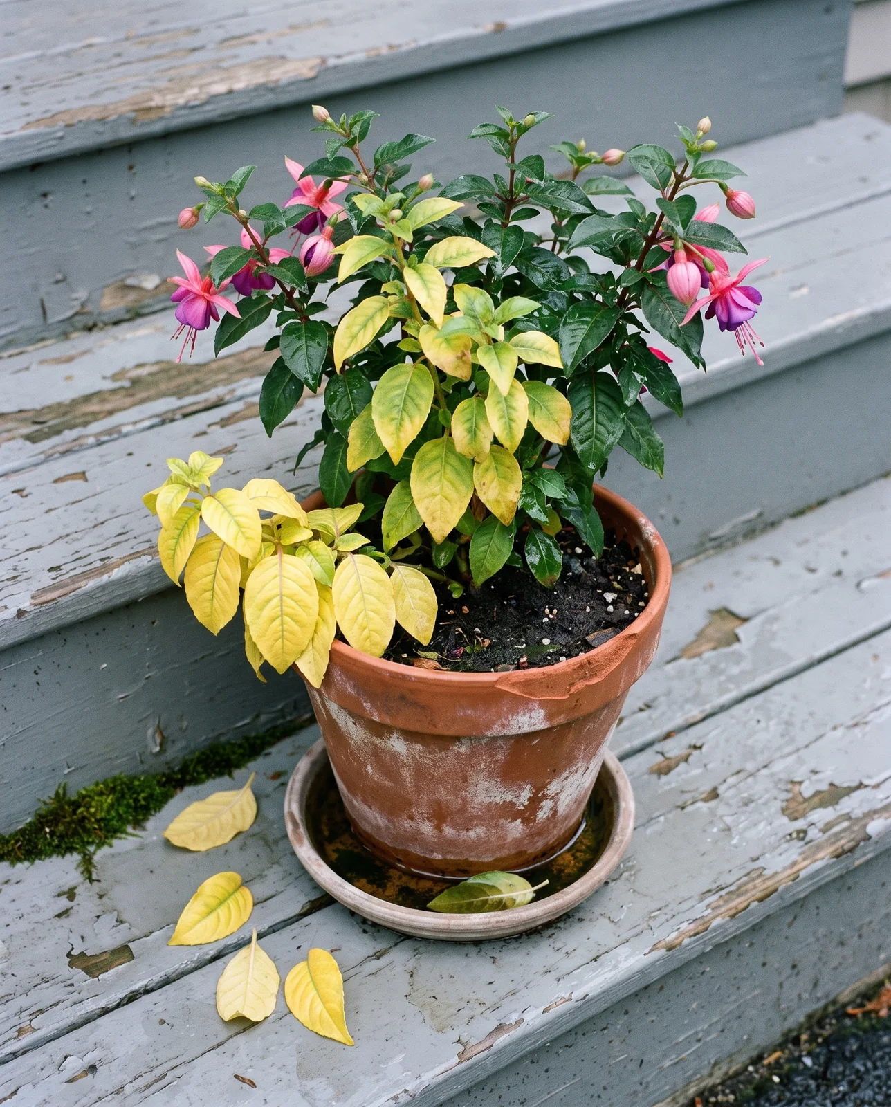 A potted fuchsia whose lower leaves have turned butter yellow while the upper leaves stay dark green, several yellow leaves already fallen on the step below