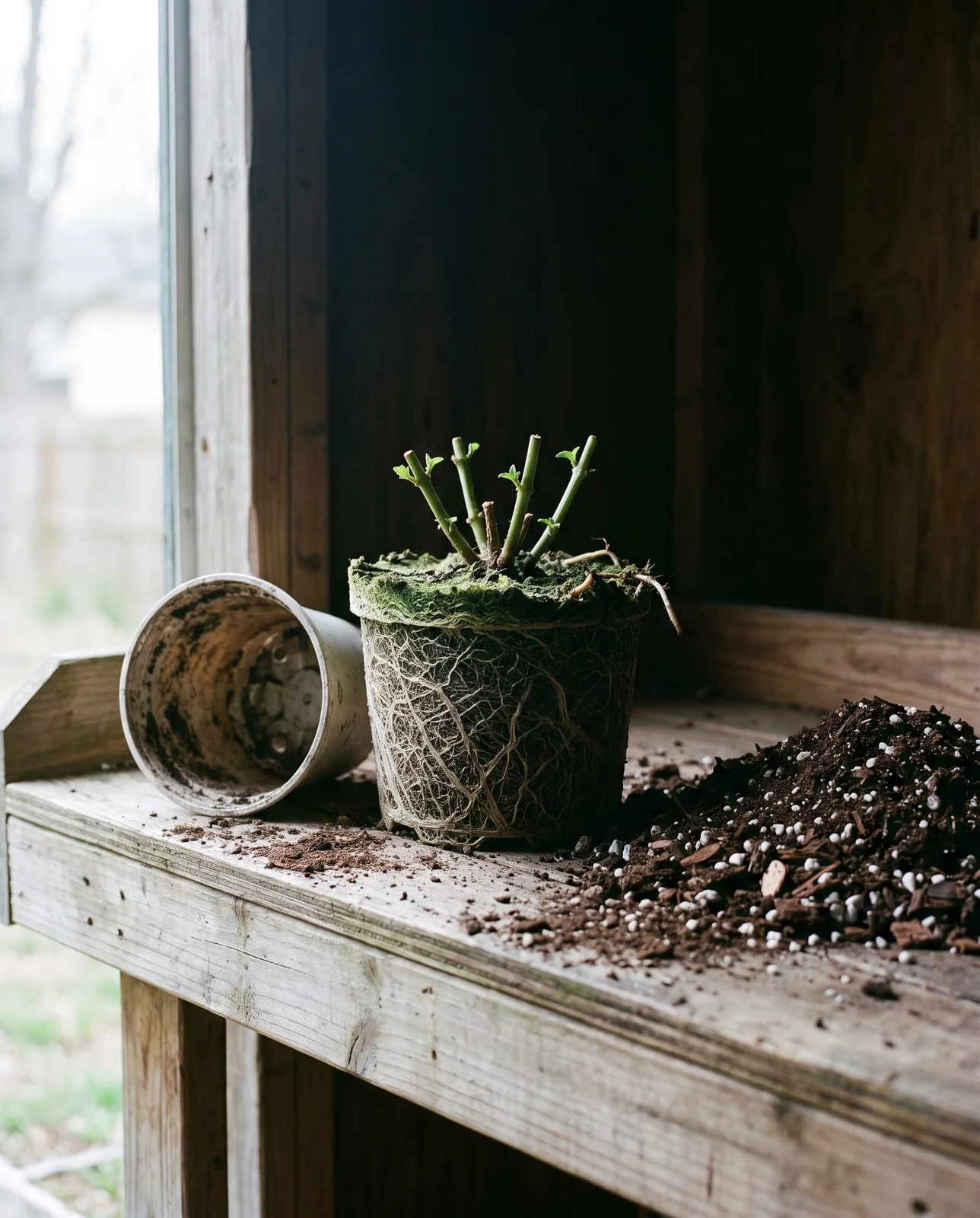 A fuchsia root ball out of its pot on a potting bench, white roots matted into a solid pot-shaped block beside an empty pot and a heap of bark and perlite mix