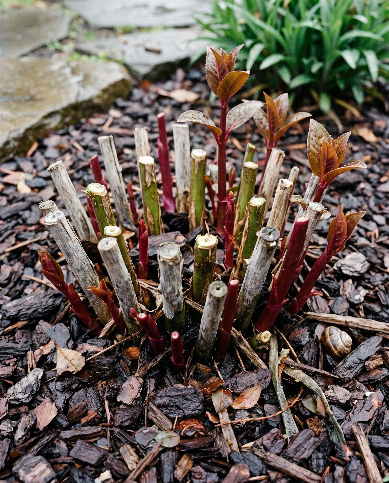 A hardy fuchsia cut down to a low ring of stubs in a mulched border, with red-purple new shoots pushing up through the bark mulch around the crown