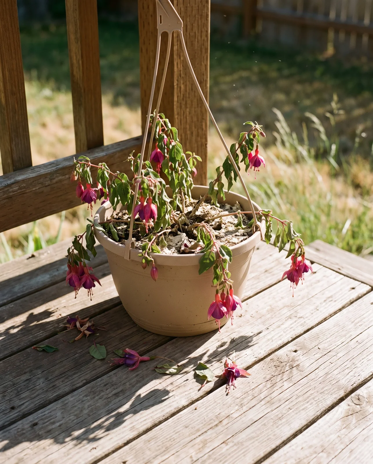 A wilted fuchsia basket on a windy deck, every leaf hanging soft, the mix shrunk away from the pot wall and dropped flowers scattered below