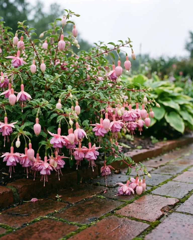 The compact hardy fuchsia Constance in a small border by a brick path, waist-high and bushy with soft pink sepals over a fuller skirt