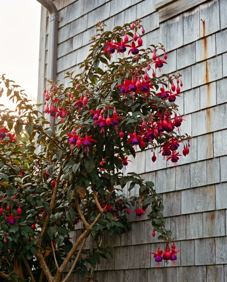The hardy fuchsia Giant Cardinal grown as a tall shrub by a shingled wall, its flowers showing cherry-red sepals over deep purple corollas