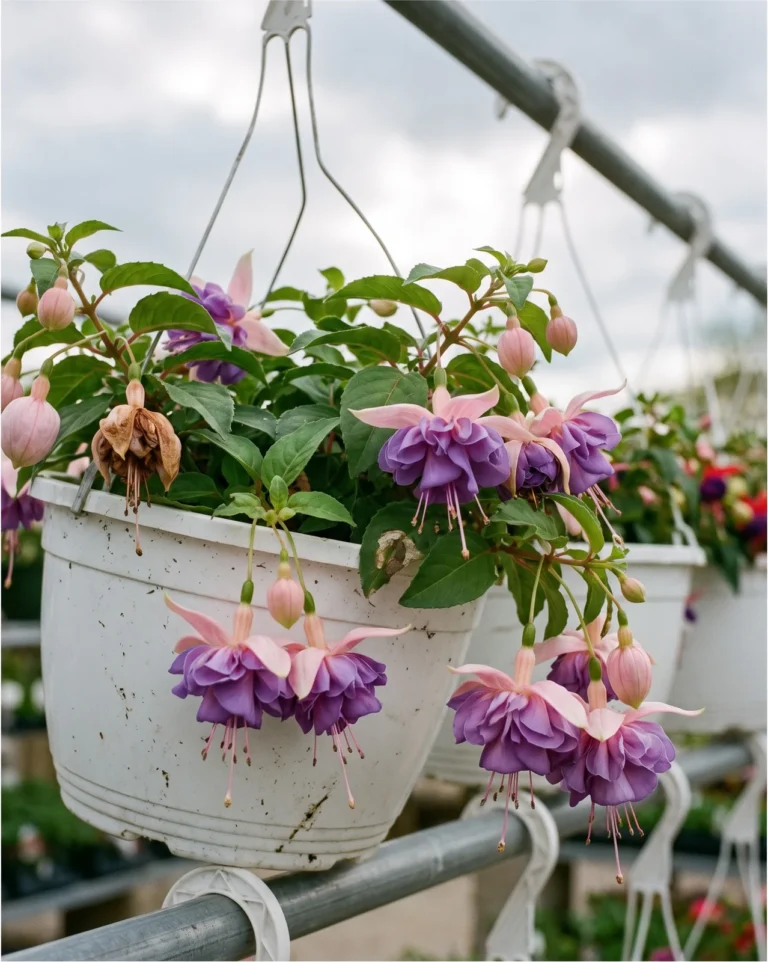 A tender hybrid fuchsia in a nursery basket, its large doubled two-toned flowers with pink swept-back sepals over a packed violet skirt hanging like earrings