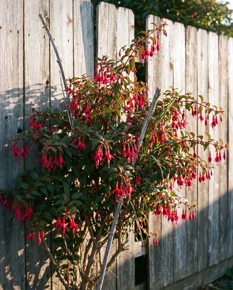 A tall hardy Fuchsia magellanica shrub against a weathered fence, arching branches hung with hundreds of small magenta and red tubular flowers
