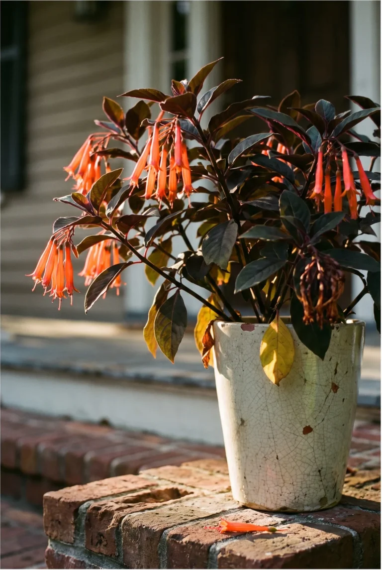 The Triphylla fuchsia Thalia in a tall glazed pot on a shaded brick porch, upright dark foliage carrying nodding clusters of narrow orange-red tubes