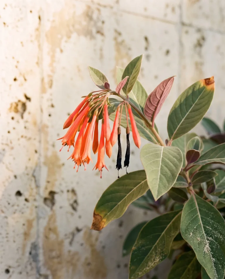 Fuchsia triphylla, the honeysuckle fuchsia, low and bushy in a warm sunny bed, its long tapering coral-red tubes held in a terminal cluster