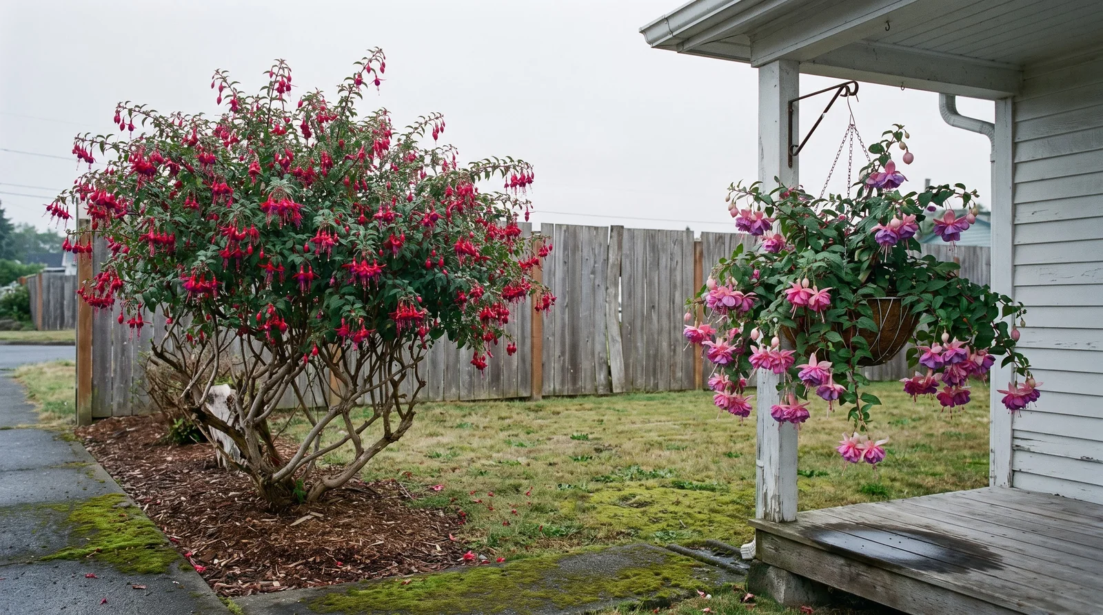 A front garden holding both fuchsias at once: a six-foot woody shrub covered in small red flowers in the border, and a basket of large two-toned hybrids hanging under a porch eave