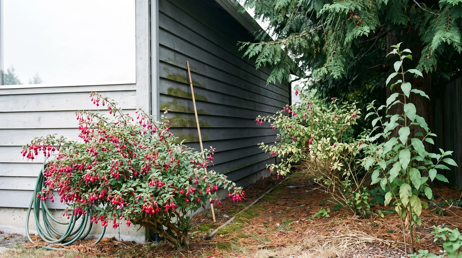 A long shaded bed along the north wall of a house where hardy fuchsias flower heavily at the open bright end and stand tall, leafy and flowerless under a dark cedar at the other