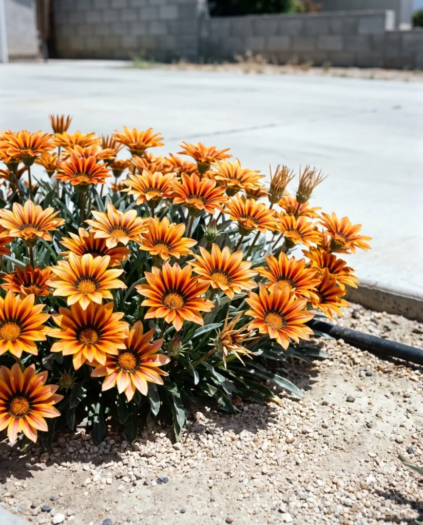 Mat of orange striped gazania flowers fully open on a raised sand and grit bed beside a bleached concrete drive at midday