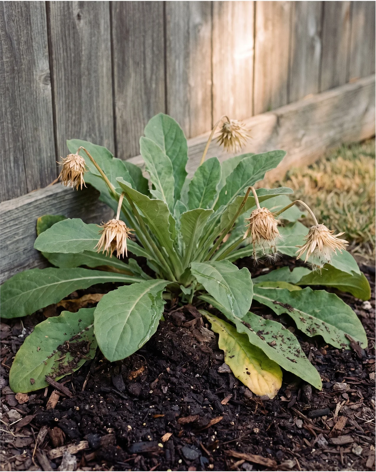 A lush leafy gazania with no buds and several old spent heads left standing, growing in fence shade