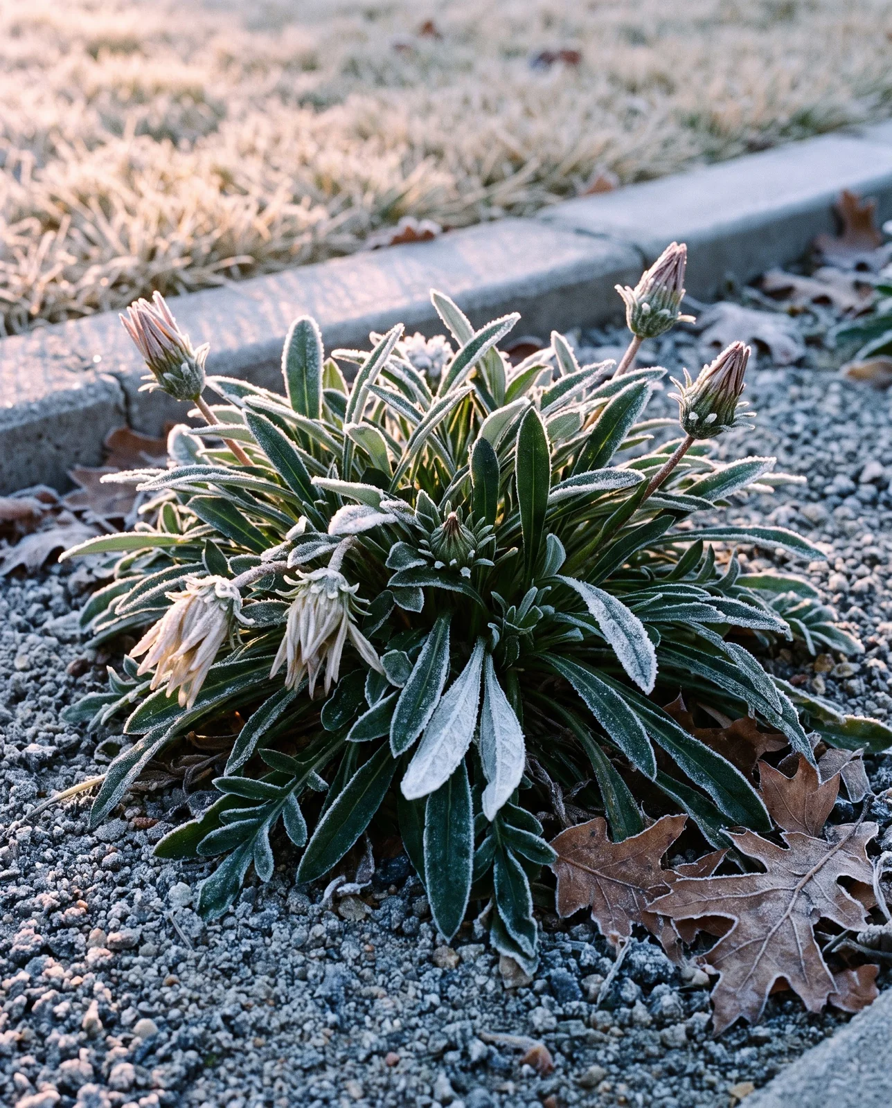 Frost rime on gazania foliage on a cold December dawn with the flower heads shut tight