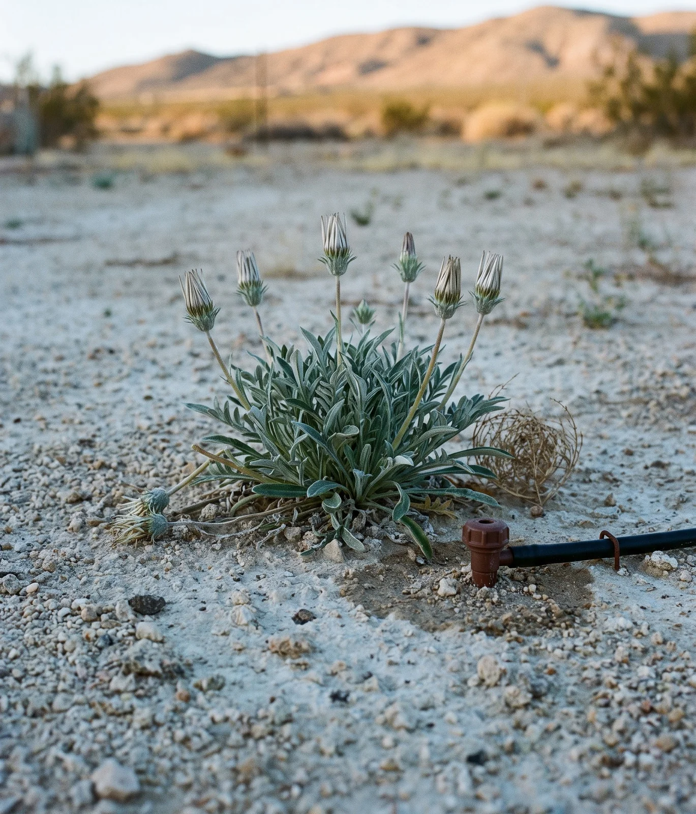 Gazania growing in coarse gritty sand with a bone dry crusted surface and a drip emitter beside the crown