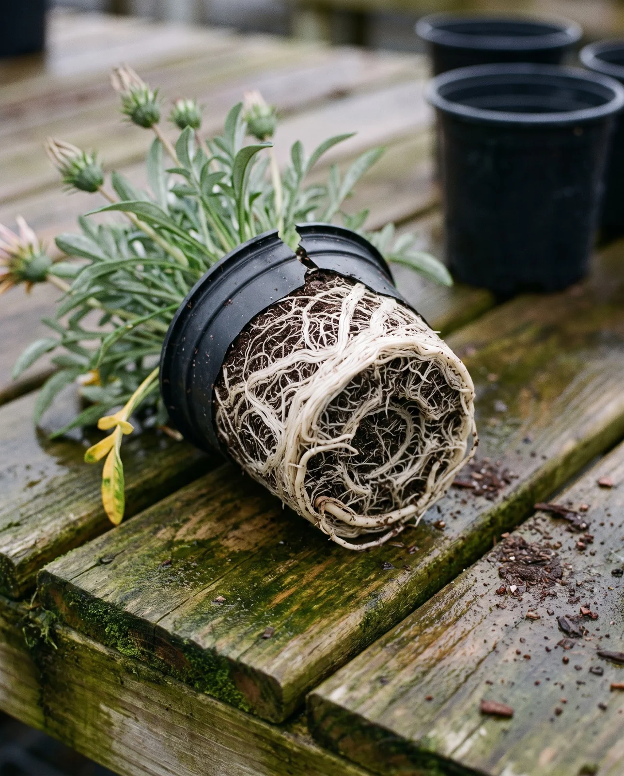 A tipped nursery pot on a sales bench with a gazania root ball slid out showing thick white roots coiled round the outside