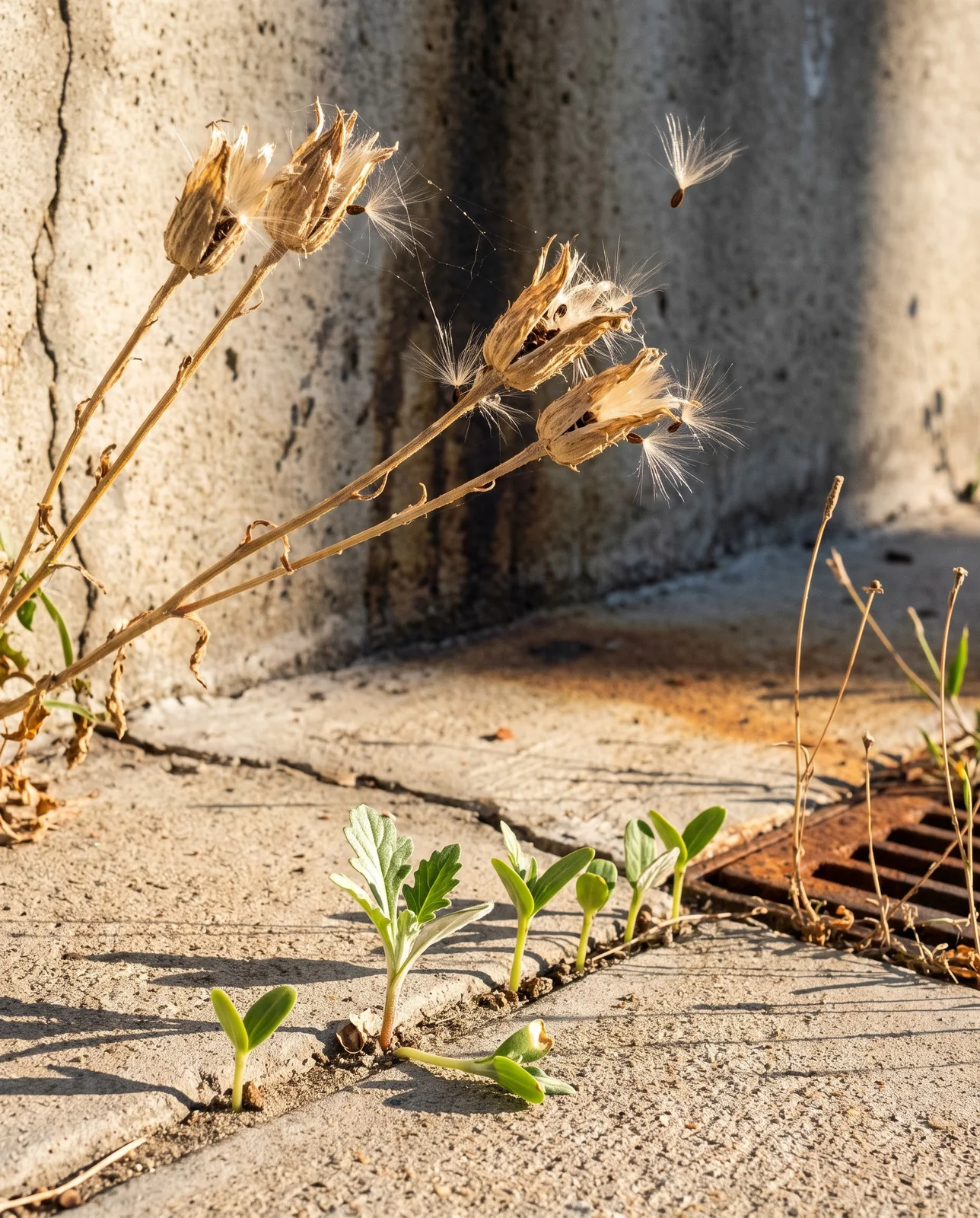 Dry split gazania seed heads shedding fluffy seed above young volunteer seedlings rooted in a paving joint
