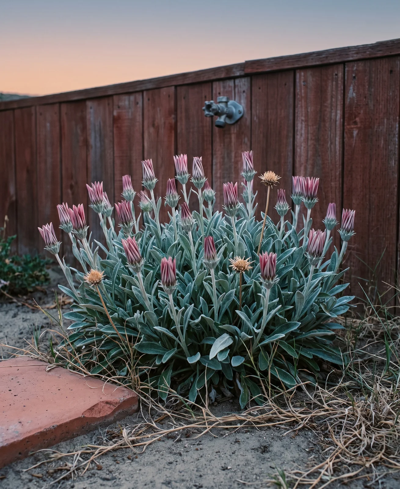The same gazania clump seven hours later at dusk with every flower twisted shut into narrow cones