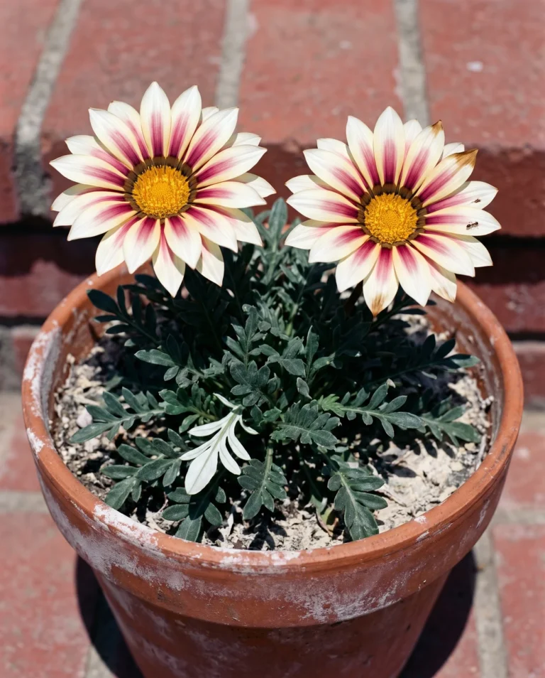 Creamy white gazania Big Kiss White Flame with a dark pink stripe on each ray and a golden centre disc