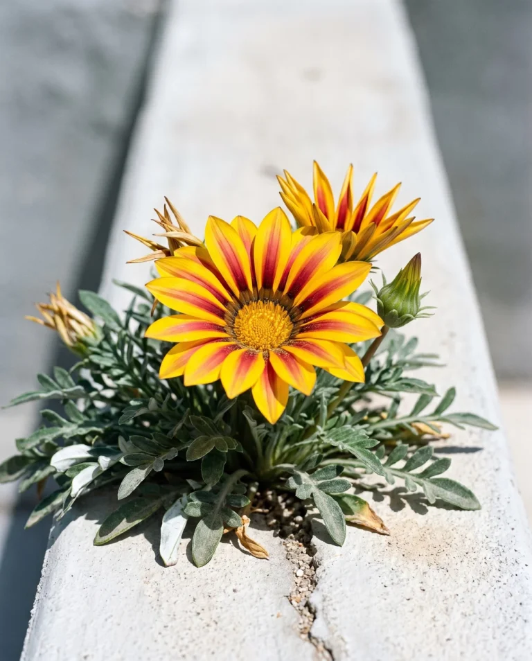 Golden yellow gazania Big Kiss Yellow Flame with a dark rose red stripe down each ray on a hot patio ledge