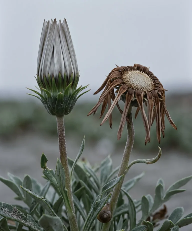 Two gazania heads side by side, one shut into a firm crisp cone and one finished and collapsed with bare receptacle