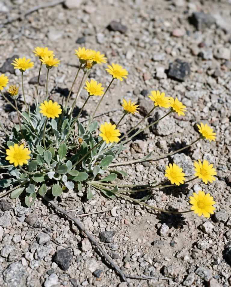 The small yellow flowered annual species Gazania lichtensteinii sprawling on rough barren gritty ground