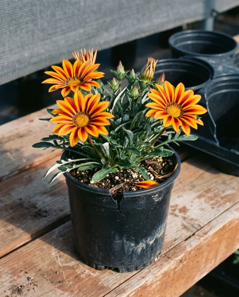 Golden orange gazania New Day Red Stripe flowers with dark red stripes on each ray in a black nursery pot