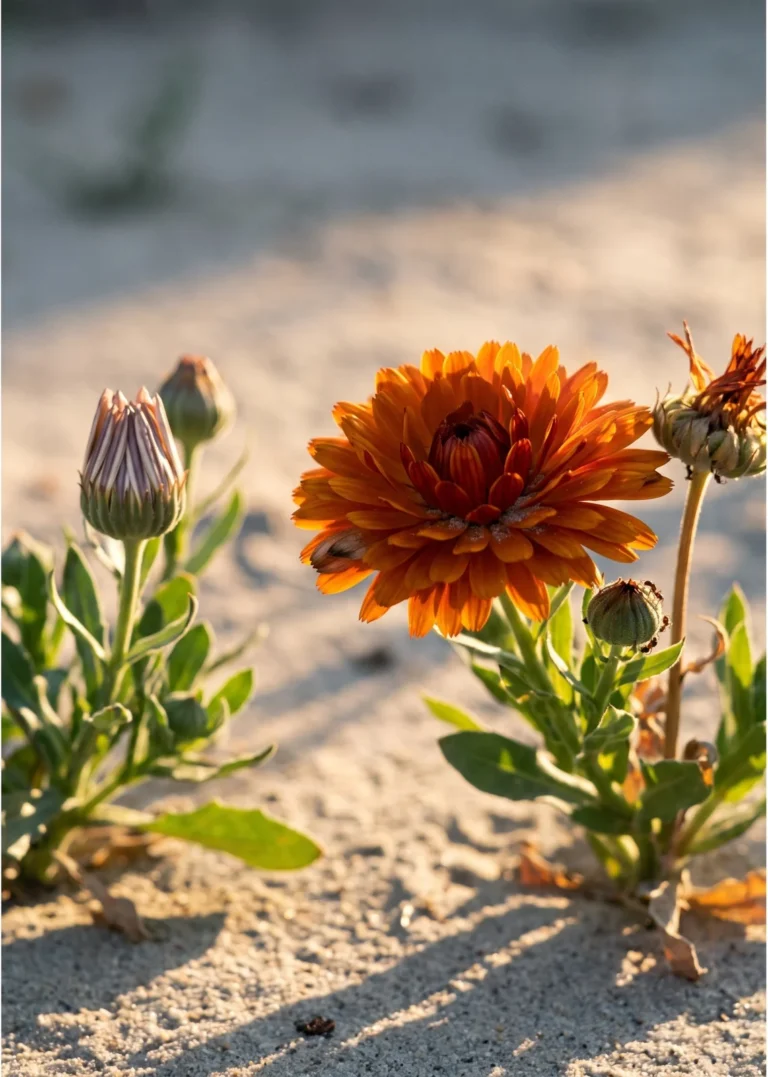 Paprika coloured gazania Sunbathers Sunset still open in warm evening light beside an ordinary variety already shut
