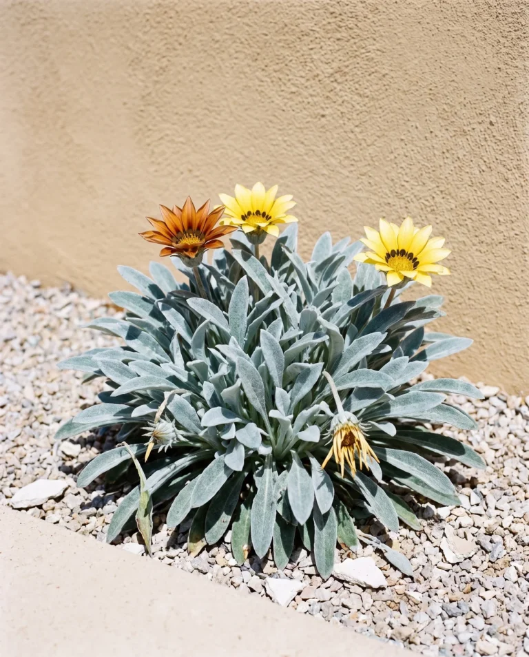 Gazania Talent series showing silver grey foliage beneath bright open flower heads in a gravel bed