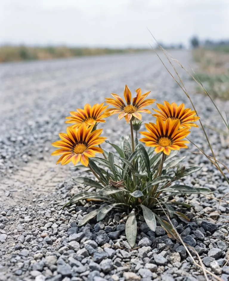 Gazania Tiger Stripes flowers in golden orange with dark mahogany stripes down each ray in a gravel strip