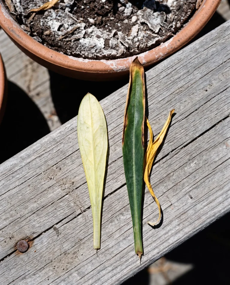 Two gazania leaves compared, one evenly pale yellow and one green with hard brown crisped margins beside white crusted potting mix