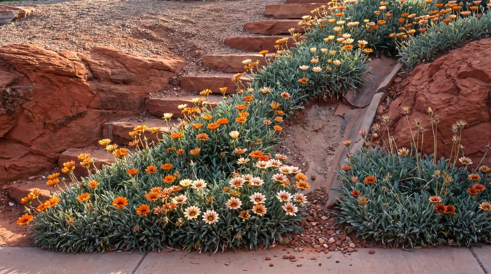 Mass planting of orange and cream gazania covering a steep dry sandstone bank in low late afternoon sunlight