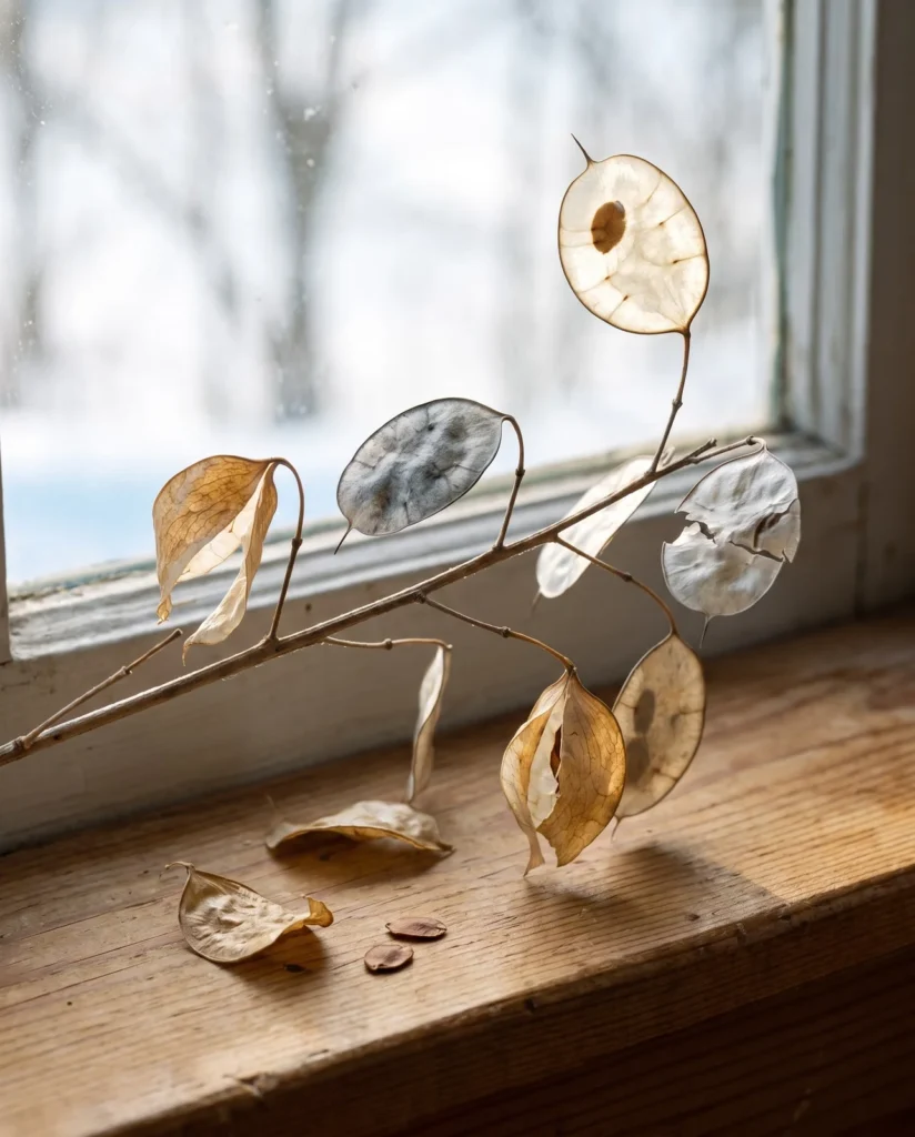A dried honesty branch on a farmhouse windowsill with the brown outer covers peeling back from the pods and one bare silver disc lit through from behind