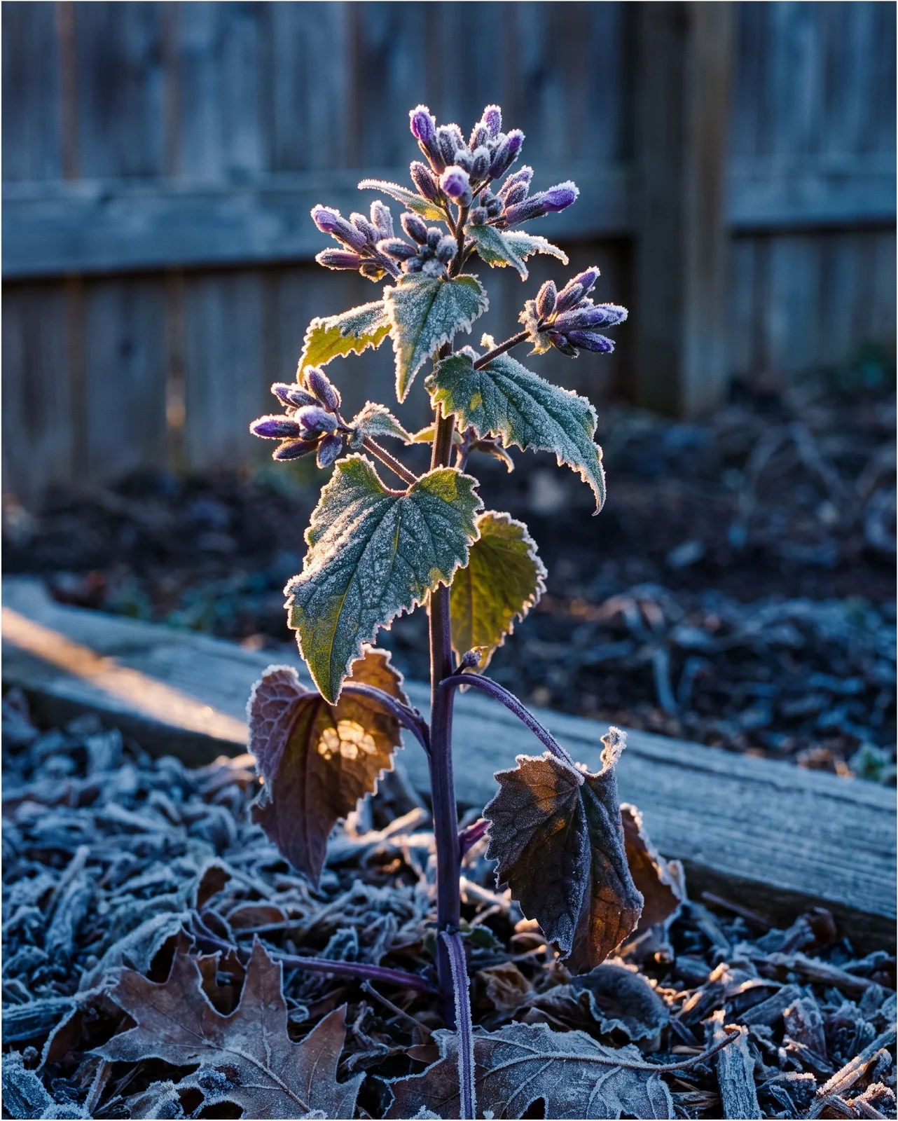 Rime frost on the leaf edges and unopened flower buds of a second-year honesty plant at sunrise