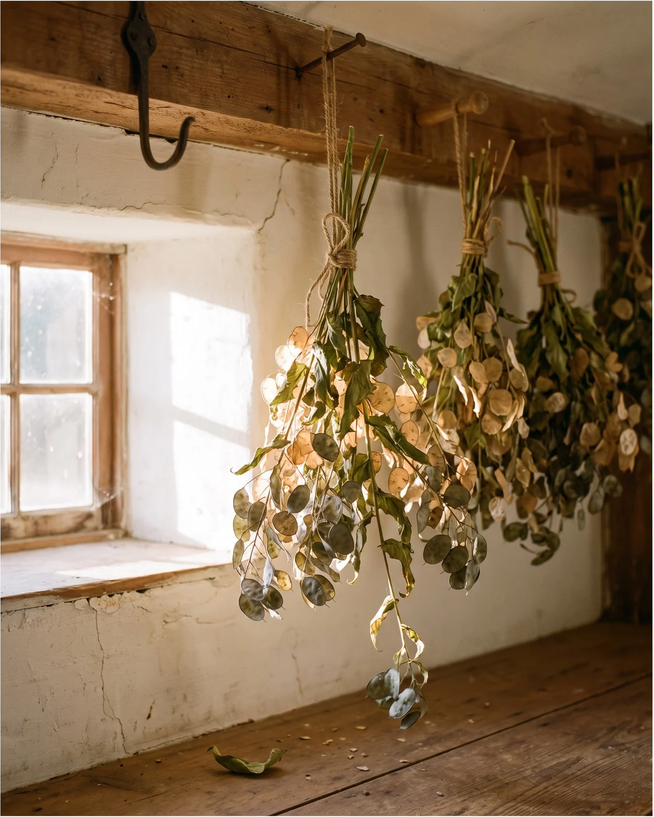 Three bunches of freshly cut honesty hanging upside down from a mudroom beam to dry, tied with jute string