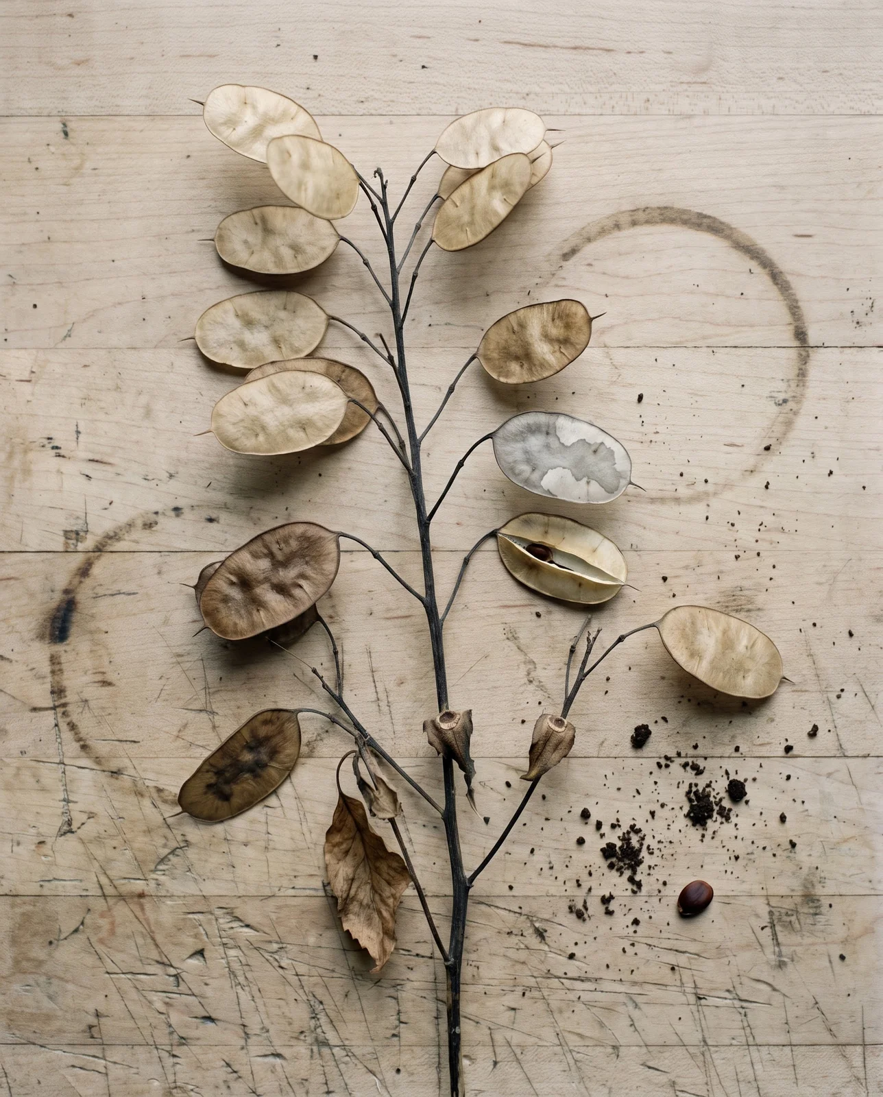 A whole dried honesty branch on a workshop bench with every pod still sealed in dull brown outer covers, nothing silver showing