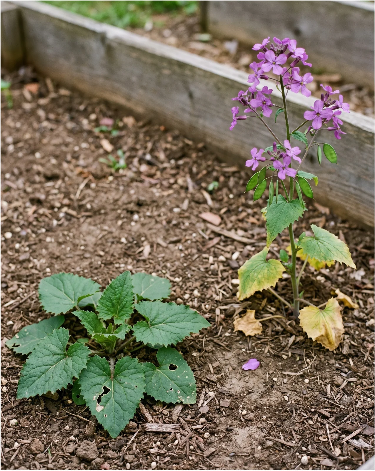 A flowerless first-year honesty rosette growing a foot away from a tall second-year plant in full flower in the same bed