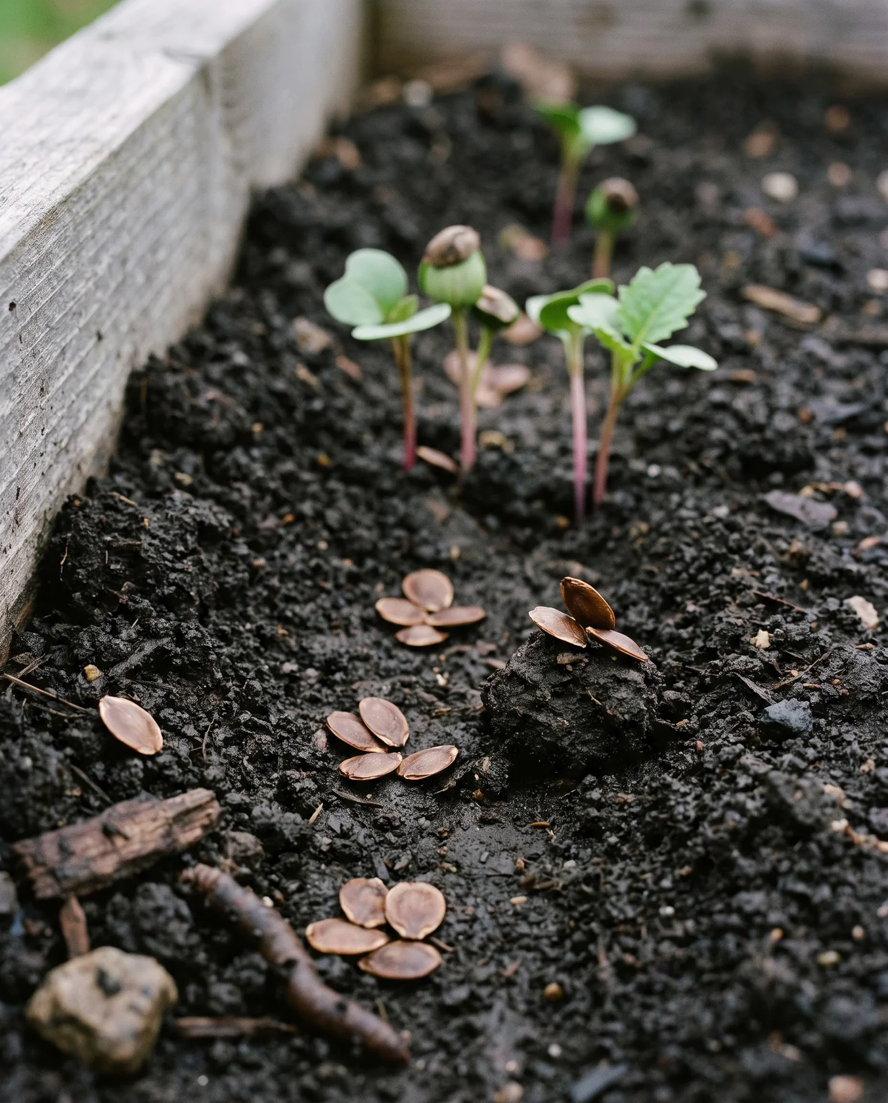 Flat brown honesty seeds lying in groups in a shallow open drill in damp crumbed soil, with earlier-sown seedlings breaking ground behind