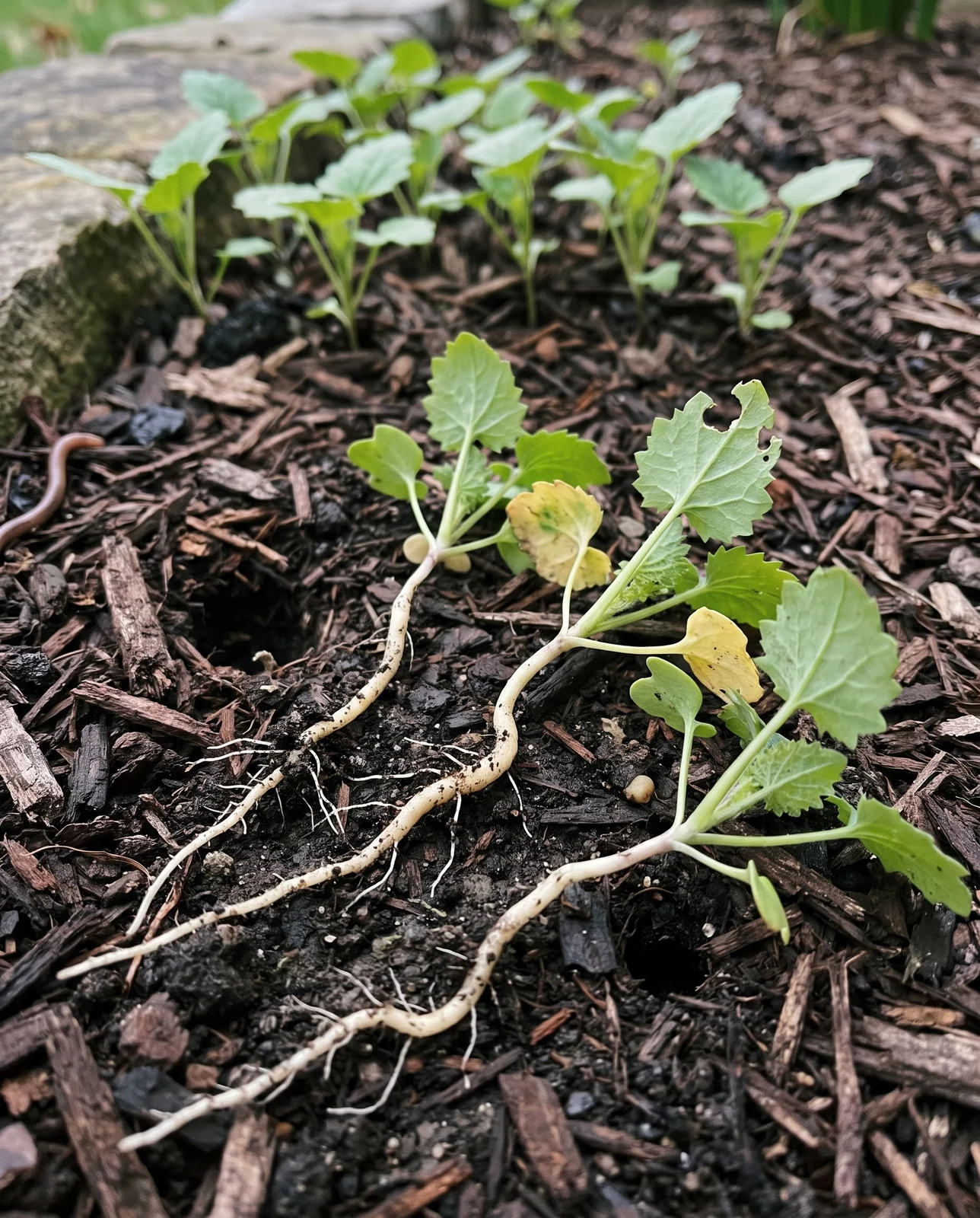 Three lifted first-year honesty seedlings lying on damp soil, each showing one long pale taproot, with more seedlings still standing behind