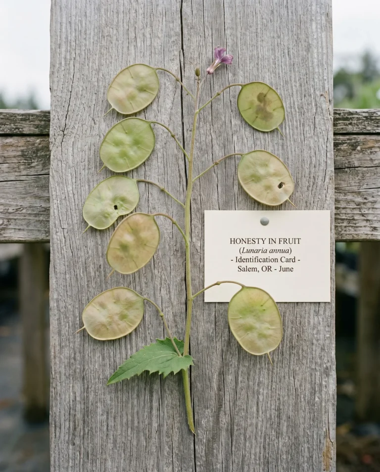 Identification shot of honesty in fruit, flat round pods standing out from the stem against a plain grey board