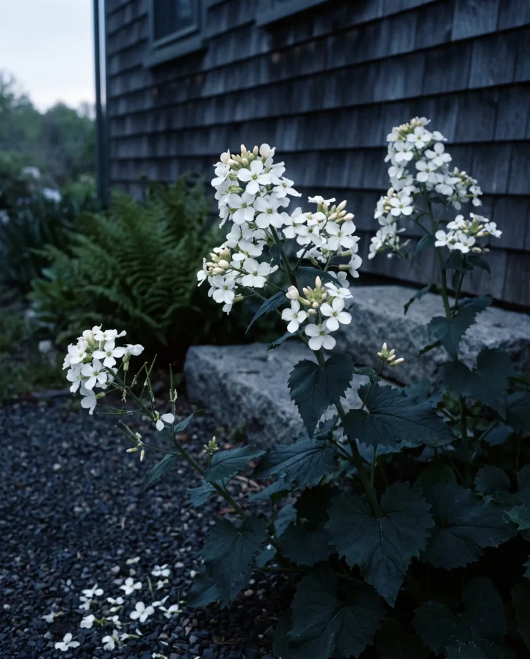 The white-flowered form of honesty glowing in a dooryard bed at dusk