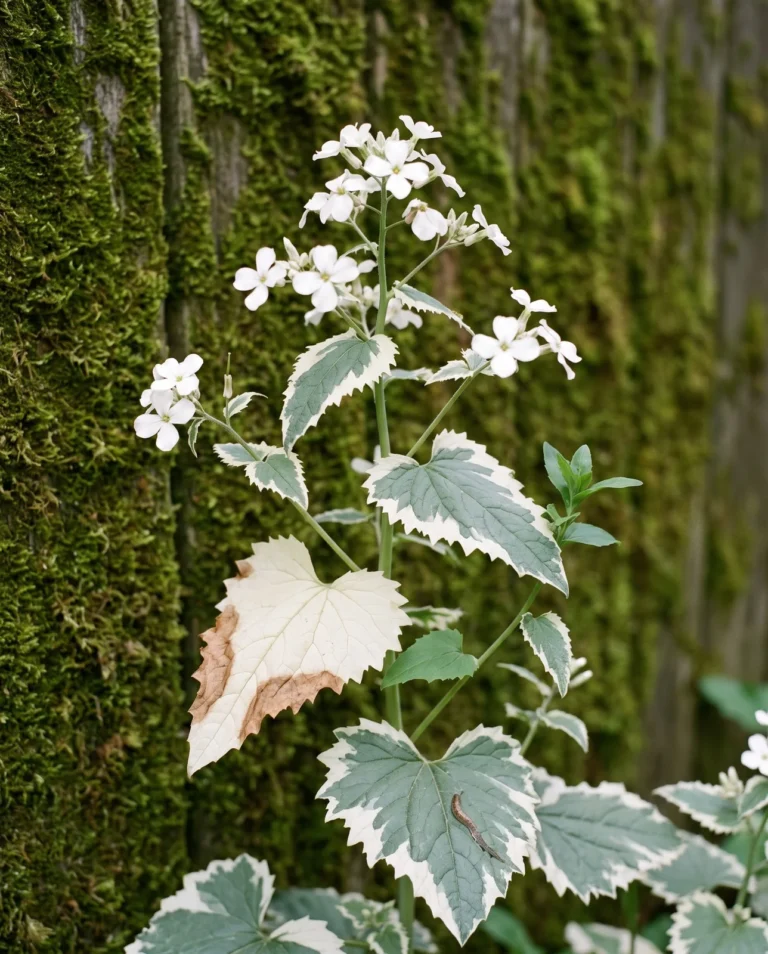 Cream-margined variegated honesty foliage under white flowers against a mossy cedar fence