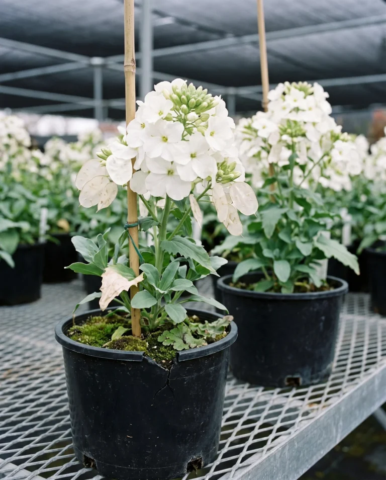 Large-flowered white honesty in black nursery pots on a display bench under shade cloth