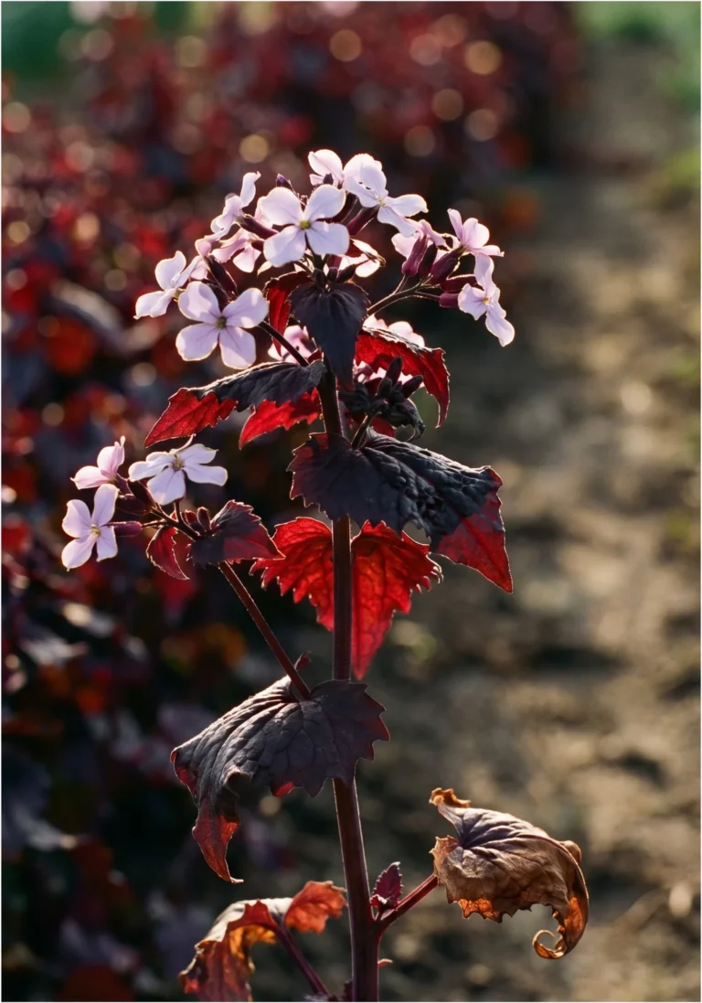 Dark chocolate-purple honesty foliage under pale lilac flowers, backlit by early sun