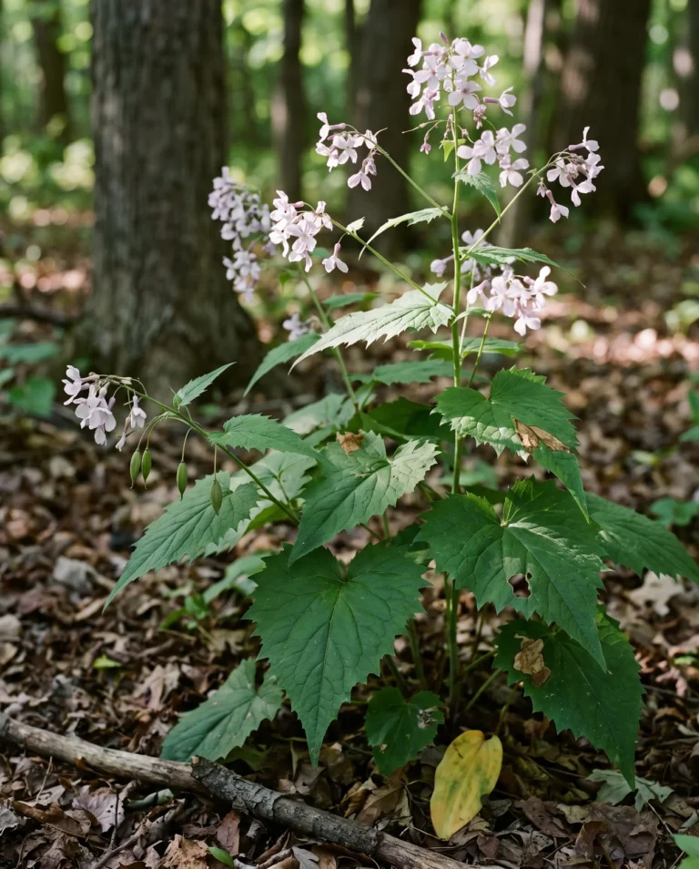 Perennial honesty, Lunaria rediviva, in a woodland bed showing pale lilac flowers and pointed elliptical fruits rather than round discs