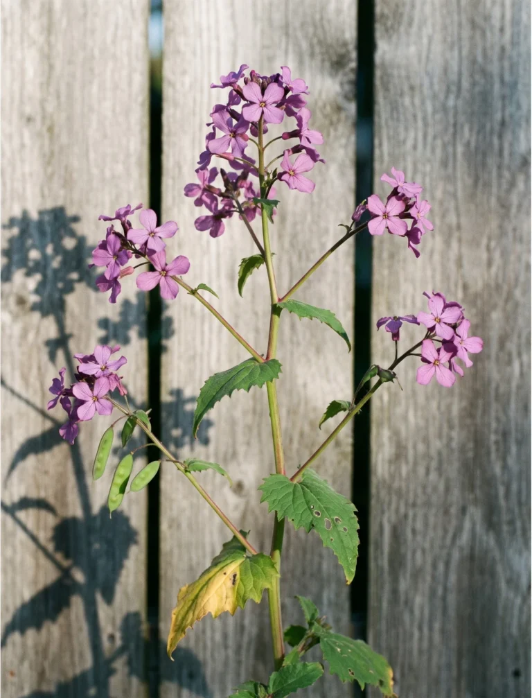A whole second-year honesty plant of the purple species form standing against a weathered cedar fence in late May